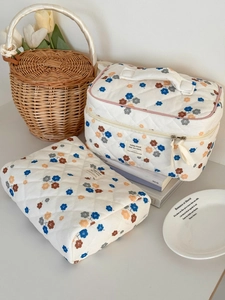 Kosmetiktaschen-Set aus Cord mit blauem Blumenmuster, großer Kulturbeutel und flache Tasche