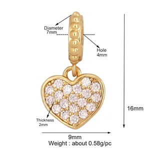Detailed view of gold-plated heart pendant with white zircon and size measurements