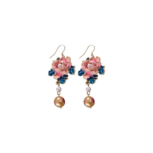 Vintage enamel floral drop earrings with pink flower and dangling faux pearls