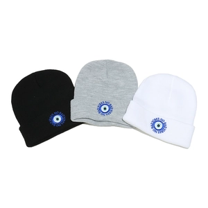 Winter knit beanies with No Bad Vibes evil eye embroidery in black grey and white