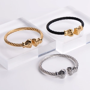 Men's hip-hop stainless steel cable bracelet with fist charms in gold, black, and silver