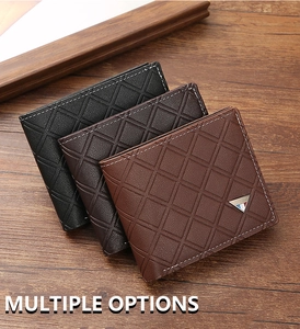 Three men's checkered leather wallets in black, coffee, and brown on a wooden background