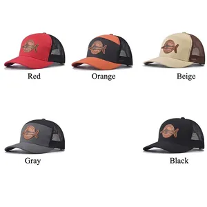 Breathable mesh trucker hats with fishing leather patches in five assorted colors