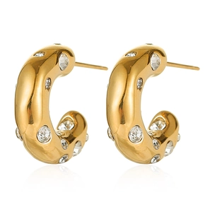 14K gold plated stainless steel C-shaped earrings with rhinestones on white background