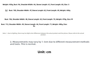 Detailed size chart for double-breasted blazer with bust and shoulder measurements