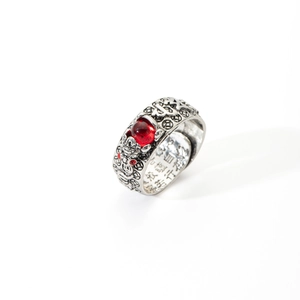 Vintage silver adjustable ring with red garnet stone and engraved Buddhist scripture