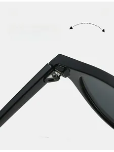 Macro detail of a durable metal hinge on matte black double-bridge sunglasses