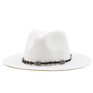 White straw Fedora sun hat with black woven band and vintage turquoise style bead accent