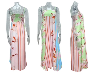 Detail view of colorful printed maxi dress showing front and back on a transparent model