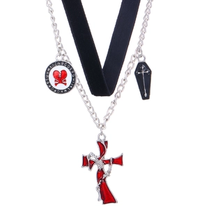 Gothic double-layer choker with skull, coffin, and red enamel cross pendants