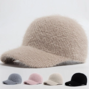 Women Faux Rabbit Fur Baseball Cap Winter Warm Knitted Soft Top Tongue Hat For Casual Outing Adjustable Simple Style