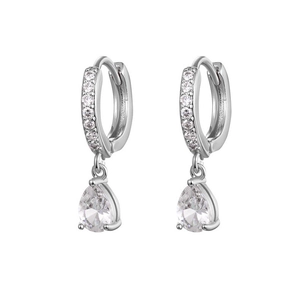 Detail of silver drop earrings with pear-cut cubic zirconia and pavé crystal hoop