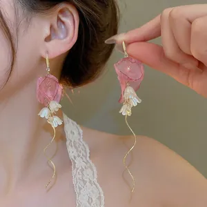 Floral Tassel Earrings With Pink Fabric Petals Lily Of The Valley Beads Zircon Artificial Pearls Steel Earring Post Sweet For Women