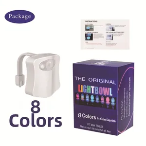 Detailed view of LED toilet night light kit with 8-color sensor and user manual