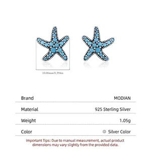 S925 sterling silver starfish stud earrings with turquoise stones, 10mm ocean style design