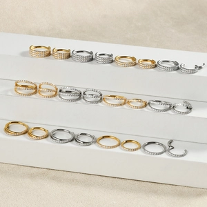 Triple layer stainless steel nose rings with zircon inlay in gold and silver finishes