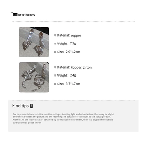 Detailed size and weight specs for snake-shaped copper earrings with zircon stones