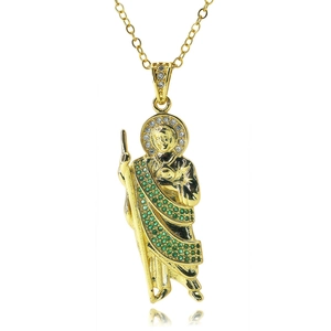 San Judas Tadeo Pendant Necklace Gold Plated Copper Green Enamel Zircon Religious Jewelry For Women Men Gift