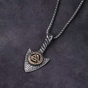 Viking arrow pendant necklace with golden Valknut symbol on black leather background