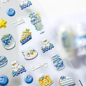 3D embossed blueberry cake nail stickers with cartoon food patterns and 3D relief texture