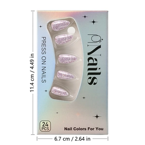 Detailed view of purple glitter press on nails packaging with specific dimensions