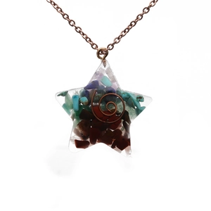 Star-shaped resin pendant necklace with colorful stones and copper wire spiral