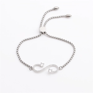 Silver infinity charm bracelet with sparkling cubic zirconia and adjustable slider clasp