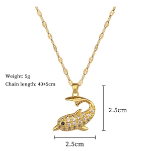 Detail view of gold dolphin pendant dimensions and chain weight for crystal necklace