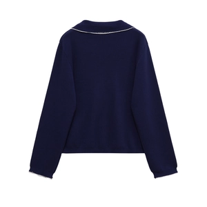 Women's navy knit cardigan with white scalloped edge and contrast buttons long sleeve sweater