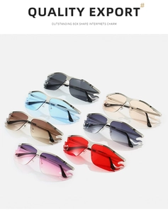 Detailed view of trendy flame-shaped sunglasses with metal frames in seven vibrant colors