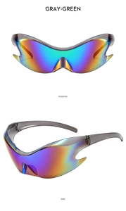 Front and side views of grey-green Y2K wrap sunglasses with colorful mirrored lenses