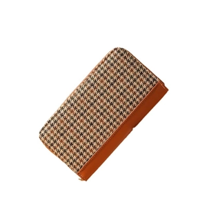 Portefeuille long rétro en tissu pied-de-poule et cuir marron avec fermeture éclair