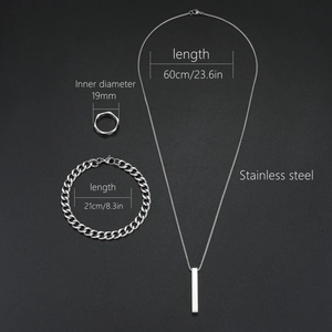 Parure 3 pièces en acier inoxydable avec bague géométrique, bracelet cubain et collier
