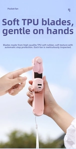Pink pocket fan featuring soft TPU blades and auto-stop safety touch protection