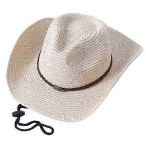 Chapeau de cowboy en paille pour homme avec ornement rhinocéros et mentonnière réglable