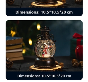 Detail of vintage bronze Christmas lantern featuring snowman inside with LED snow effect
