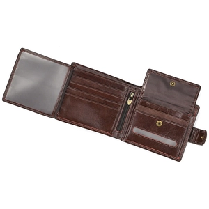 Detailed internal view of dark brown leather tri-fold wallet with multi-card slots