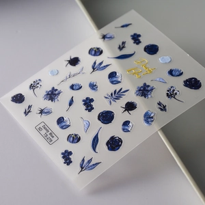 5D embossed blue flower nail stickers featuring ink rose and daisy designs TS-278