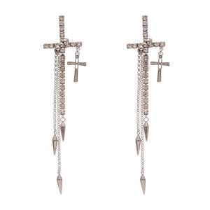 Silver cross earrings with sparkling rhinestones and long tassel chains in punk style