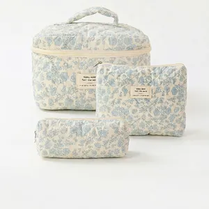 Quilted Cotton Makeup Bag Portable Travel Toiletry Cosmetic Organizer Floral Print Zipper Storage Handbag Pouch