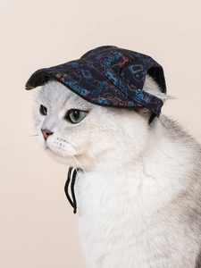 Dettaglio cappello da sole graffiti per gatti con fori per orecchie e cinturino