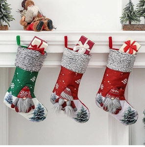 Three Christmas stockings with 3D gnomes, snowflakes and trees near a fireplace