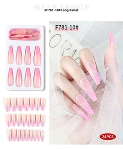 Detail of 24pcs long ballerina press-on nails with pink gradient French design and box