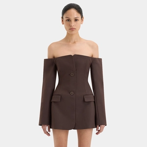 Detail of brown off-shoulder blazer dress with long sleeves, buttons and flap pockets