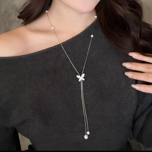 Elegant Y-shaped long necklace with zircon butterfly and white pearls on silver chain