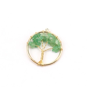 Detail showing a Tree of Life pendant with gold wire and green crystal stones