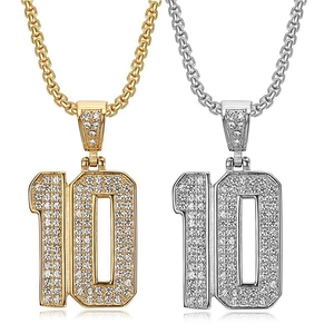 Hip hop number 10 pendant necklace with gold and silver finishes and shimmering crystals