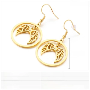 Detailed view of gold stainless steel hollow angel wing drop earrings with 26mm diameter