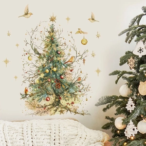 Christmas Wall Stickers Removable PVC Decals Hand Painted Christmas Tree Fairy Birds Stars Self-Adhesive Home Decor