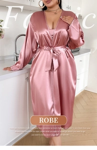 Detailed view of pink satin robe showing silky fabric texture and elegant belted waist